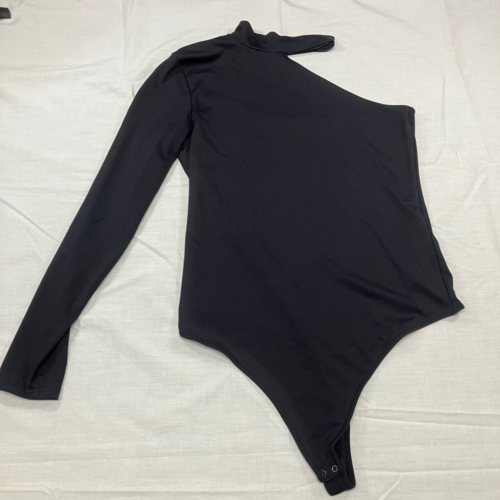 Abercrombie Fitch Black One Shoulder Long Sleeve Bodysuit  Mock Neck‎ Size L - Picture 2 of 9
